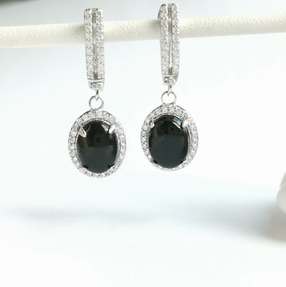 Black Onyx CZ Halo Sterling Silver Lever Back Earrings
